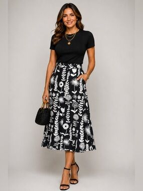 Mondi Black White Floral Midi Skirt A-Line Button Front Botanical Print Size S
